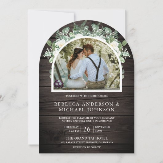 緑のアイボリーフローラオールインワンウッドアーチ結婚ズ 招待状 (正面)