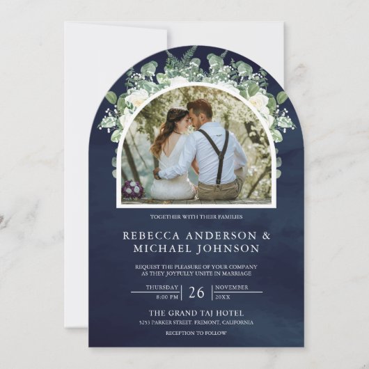 緑のアイボリーフローラオールインワンネイビー結婚ルアーチズ 招待状 (正面)