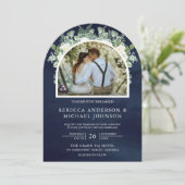 緑のアイボリーフローラオールインワンネイビー結婚ルアーチズ 招待状 (スタンド正面)