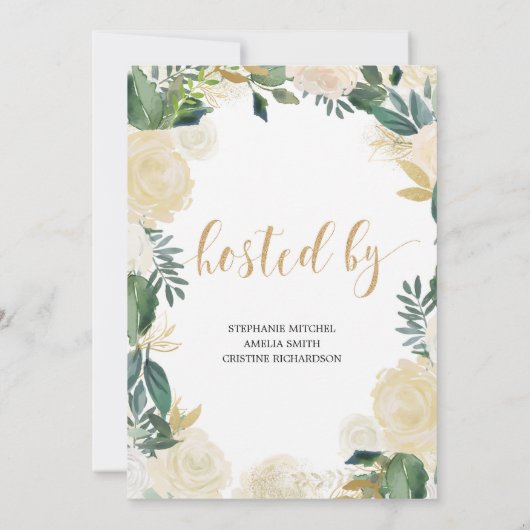 緑のアイボリーフローラリース金ゴールドブライダルシャワー 招待状 (裏面)