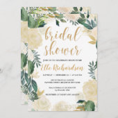 緑のアイボリーフローラリース金ゴールドブライダルシャワー 招待状 (正面/裏面)