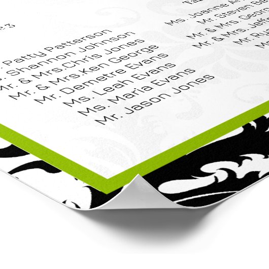 緑のアクセント黒と白のダマスクのシーティングチャート ポスター (角)