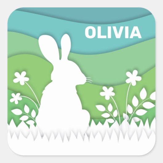 緑のアニメのイースターバニー春自然 スクエアシール (正面)