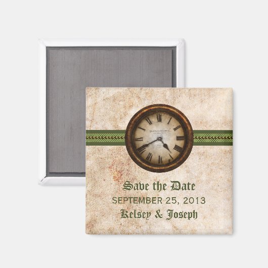 緑のアンティーククロック日付磁石を保存 マグネット (正面/裏面)