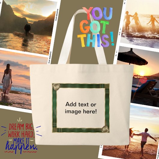 緑のアンティークフレーム写真の追加引用文 ラージトートバッグ