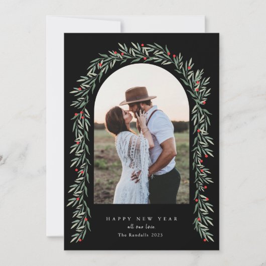 緑のアーチスクモダンリプト写真新年おめでとう シーズンカード (正面)