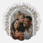 緑のアーチスクリプトフォトクリスマスホリデー オーナメントカード (正面)