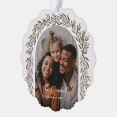 緑のアーチスクリプトフォトクリスマスホリデー オーナメントカード (左)