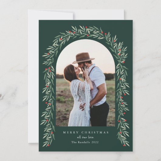 緑のアーチスクリプトモダンフォトクリスマス シーズンカード (正面)