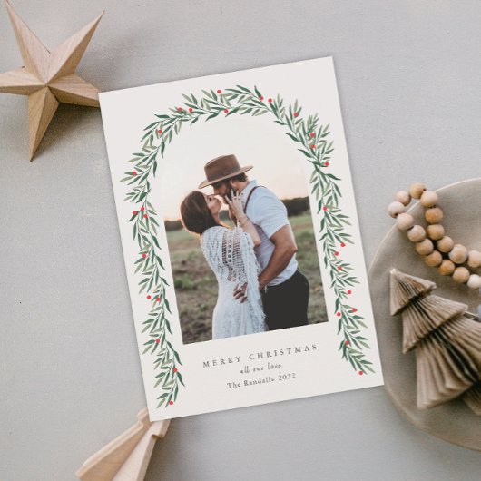 緑のアーチスクリプトモダンフォトクリスマス シーズンカード