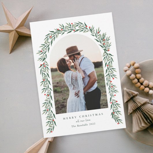 緑のアーチスクリプトモダンフォトクリスマス シーズンカード