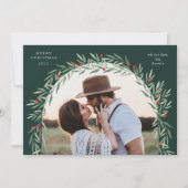 緑のアーチスクリプトモダンフォトクリスマス シーズンカード (正面)