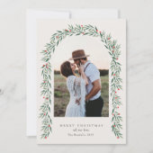 緑のアーチスクリプトモダンフォトクリスマス シーズンカード (正面)
