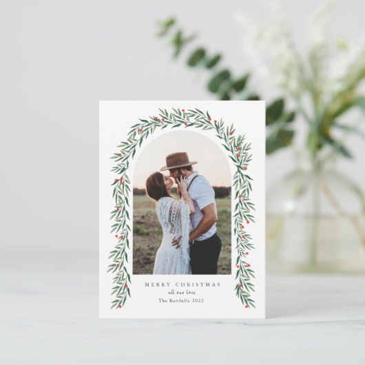 緑のアーチスクリプトモダンフォトクリスマス シーズンポストカード (スタンド正面)