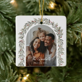 緑のアーチスクリプトモダンフォトクリスマス セラミックオーナメント