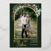 緑のアーチメリークリスマスフォトフォレストグリーン 箔シーズンカード (正面)