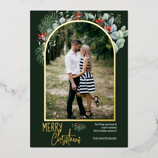 緑のアーチメリークリスマスフォトフォレストグリーン 箔シーズンカード (正面)