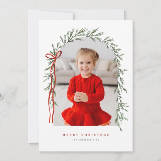 緑のアーチ&弓のスクリプエレガントト写真クリスマス シーズンカード (正面)