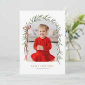 緑のアーチ&弓のスクリプエレガントト写真クリスマス シーズンカード (スタンド正面)