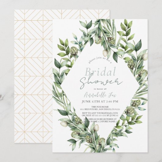 緑のアーティチョークウォーターカラーグリーンブライダルシャワー 招待状 (正面/裏面)