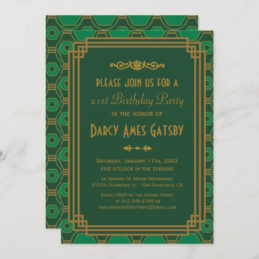 緑のアールデコバースデーパーティ招待状 招待状 (正面/裏面)