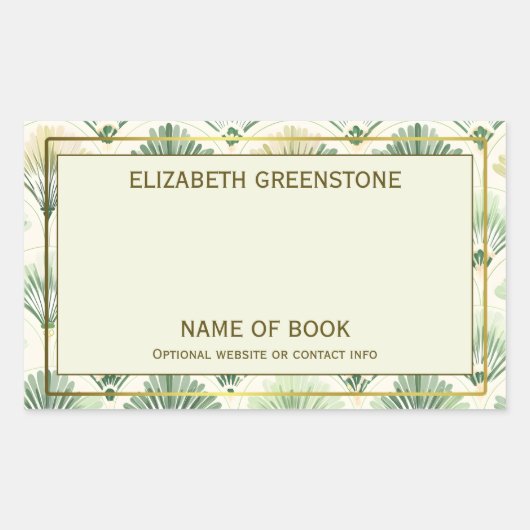 緑のアールデコ作家署名蔵書票 長方形シール (正面)