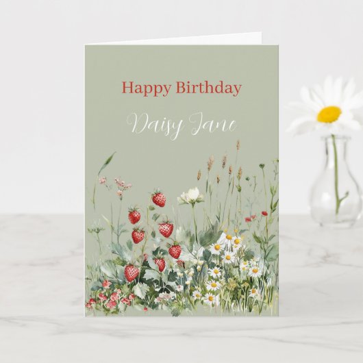 緑のイチゴとデイジーの花の誕生日 カード (小さな植物)