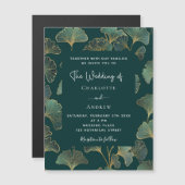 緑のイチョウ葉金ゴールドの結婚高級 マグネット招待状 (正面/裏面)