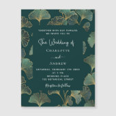 緑のイチョウ葉金ゴールドの結婚高級 マグネット招待状 (正面)