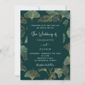 緑のイチョウ葉金ゴールドの結婚高級 招待状 (正面)