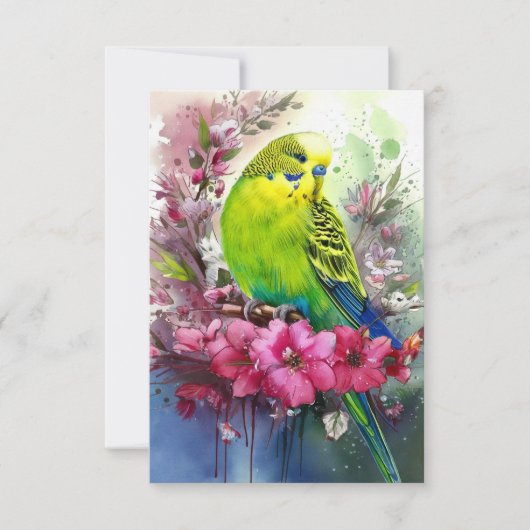 緑のインコと花 サンキューカード (正面)