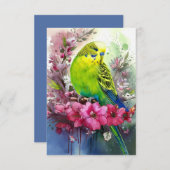 緑のインコと花 サンキューカード (正面/裏面)