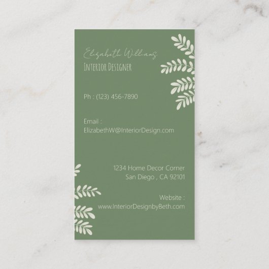 緑のインテリアデザイナー縦型名刺 名刺 (裏面)