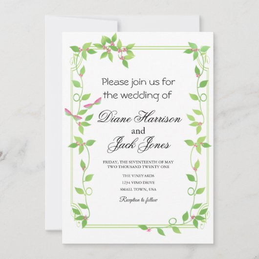 緑のイービーにピンクの花芽 招待状 (正面)