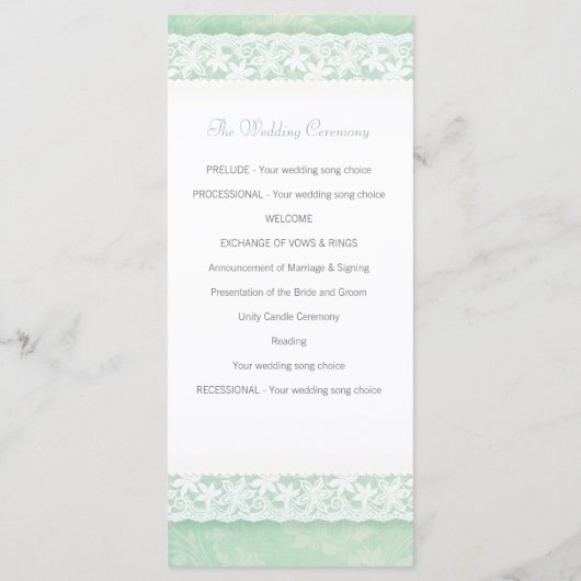 緑のウェディングプログラムラックカード上のホワイトレース プログラム (裏面)