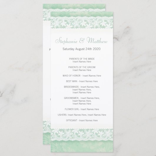 緑のウェディングプログラムラックカード上のホワイトレース プログラム (正面/裏面)