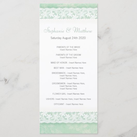 緑のウェディングプログラムラックカード上のホワイトレース プログラム (正面)