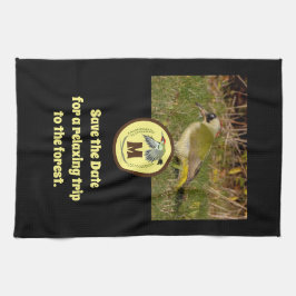 緑のウグイス飛んでいるカーモノグラム写真 キッチンタオル