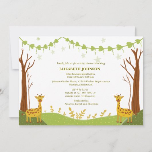 緑のウッドランドの赤ちゃんシャワーに2つのキュートなキリン 招待状 (正面)