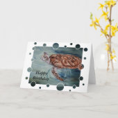 緑のウミガメの泡バースデー・カード カード (黄色い花)