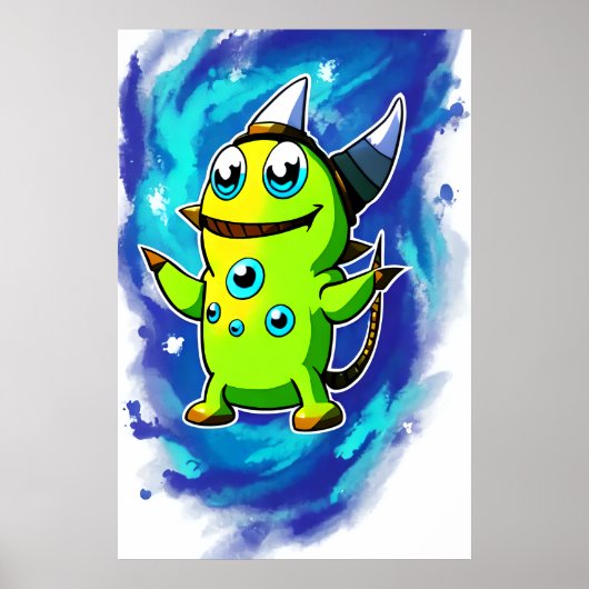 緑のエイリアンの生き物の多くの目 | AI Art ポスター (正面)