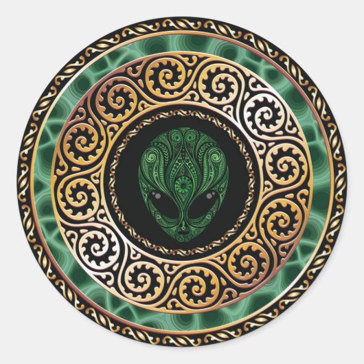 緑のエイリアン丸いステッカー ラウンドシール (正面)