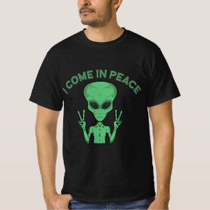 緑のエイリアン来Iin Peace地球外UFO Tシャツ