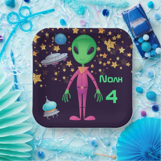 緑のエイリアンUFO名前の追加の年齢誕生日 ペーパープレート (パーティー)