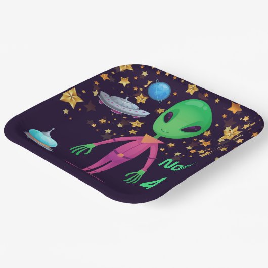 緑のエイリアンUFO名前の追加の年齢誕生日 ペーパープレート (傾斜あり)