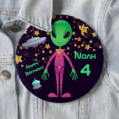 緑のエイリアンUFO名前の追加誕生日ボタン 缶バッジ (インサイチュ)