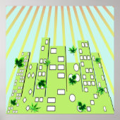 緑のエコシティのスカイラインに浮かぶ葉 ポスター (正面)