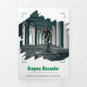 緑のエッジ抽象芸術ブラシストローク写真卒業 三つ折り招待状 (カバー)