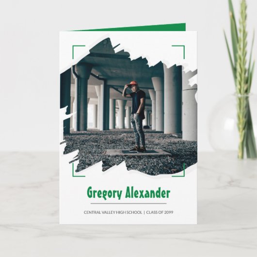 緑のエッジ抽象芸術ブラシストローク写真卒業 招待状 (正面)