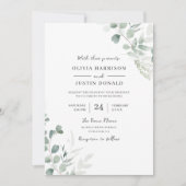 緑のエレガンスモダン：水彩画結婚葉 招待状 (正面)